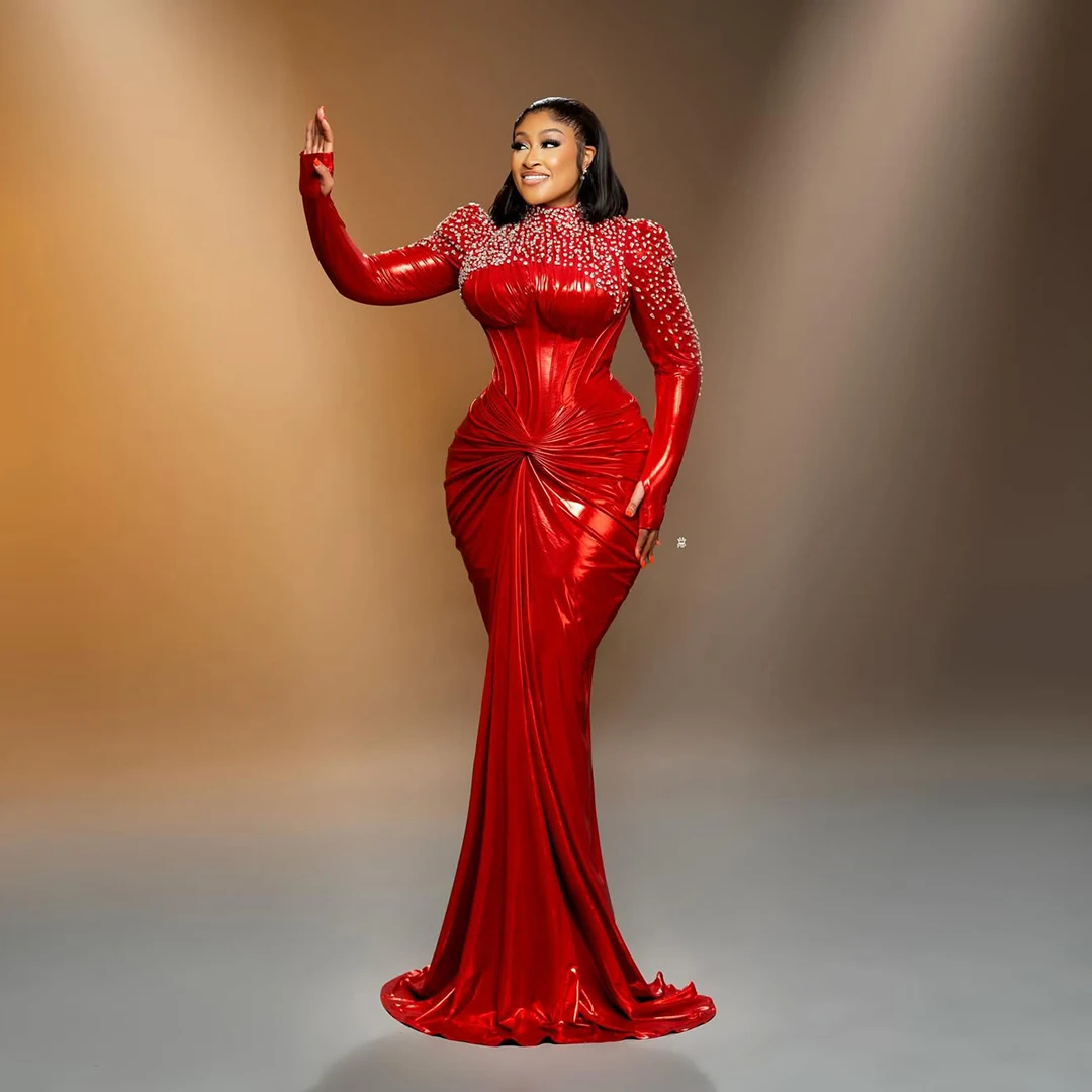 

Aso Ebi Красное блестящее вечернее платье с кристаллами Элегантное плиссированное атласное платье русалки с длинными рукавами для выпускного вечера Африка Женское платье de noche