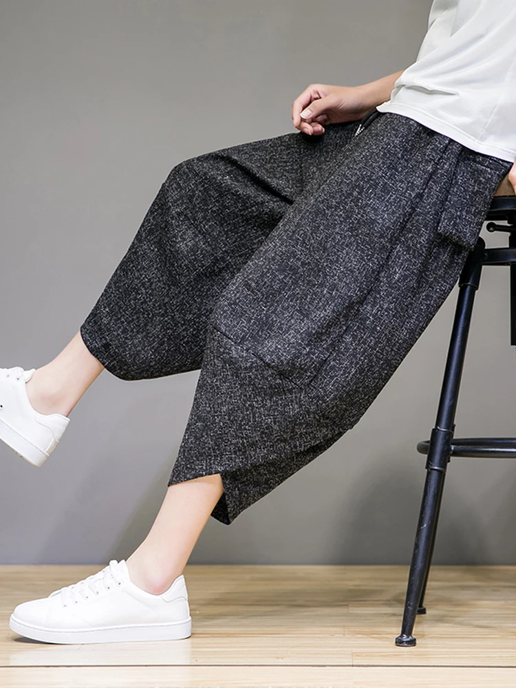 

Summer Cotton Linen Loose Casual Pants Men's Seven-Foot orts Wide Leg Lantern Pants Harlan Pants Breathable Thin Pure Color