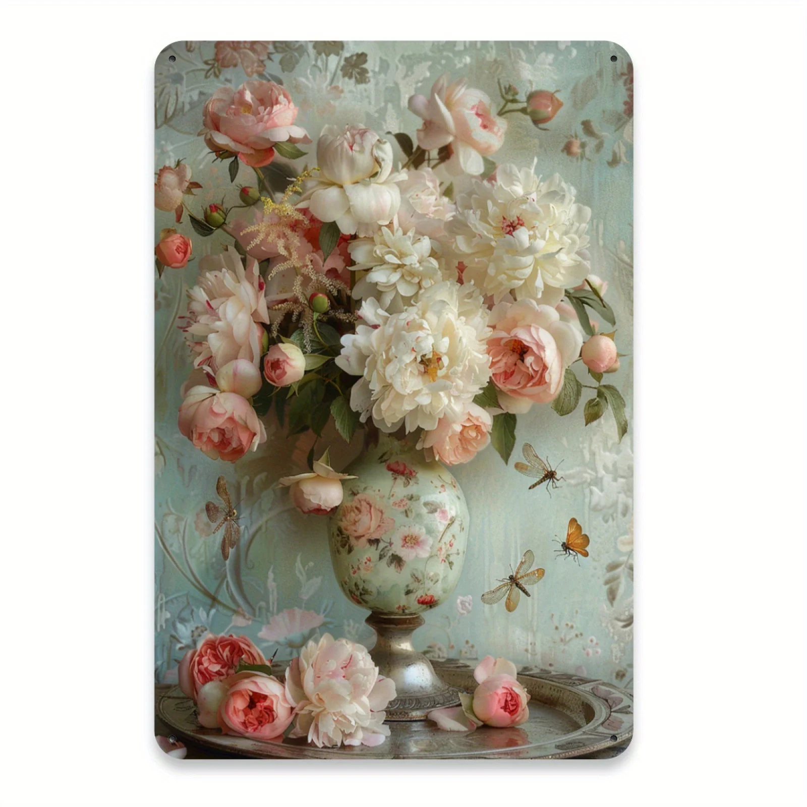 2D Flat - Vintage Floral Metal Tin Sign - 2D Flat Printing Wall Art with Pink Roses & Green Leaves, Rustic Iron Decor for Hom