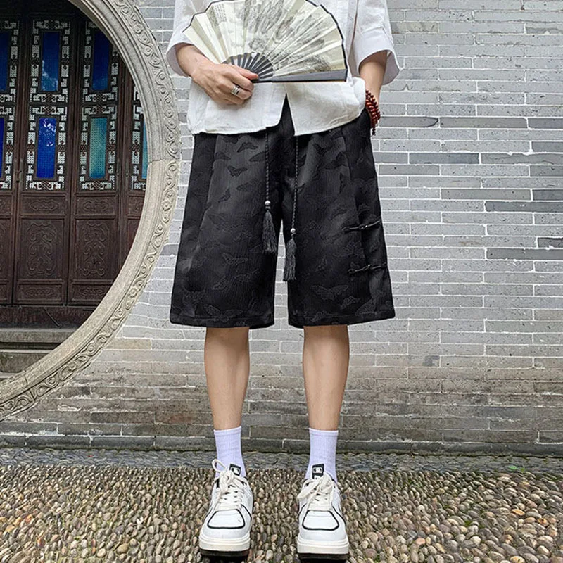 Summer Men's Butterfly Jacquard Shorts Retro Chinese Style Button Design Tassel Elastic Waist Straight Leg Loose Shorts