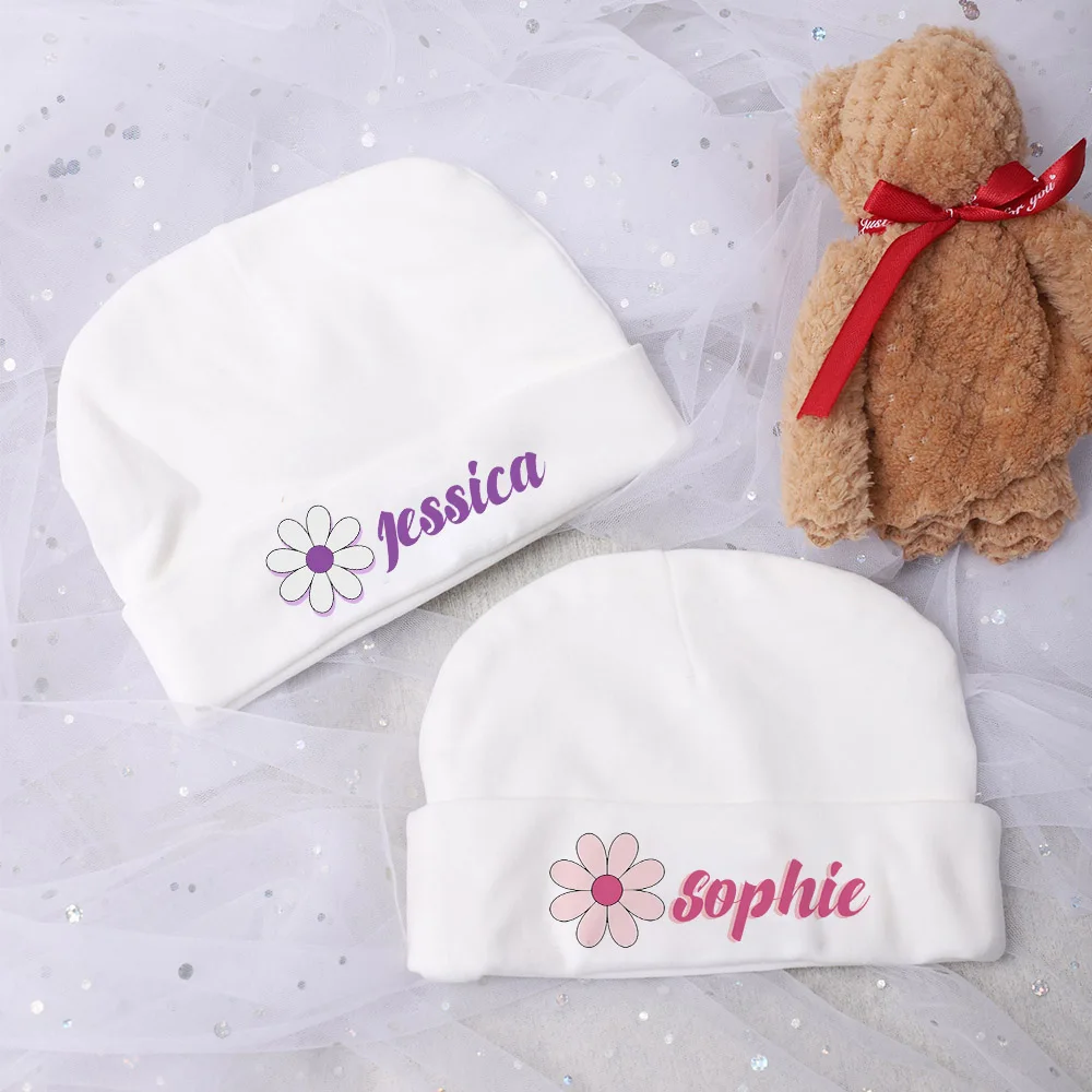 Personalize Newborn Hospital Hat Monogram Baby Girl Beanies Caps Infant Cotton Hats Custom Name Windproof Cap Baby Shower Gift