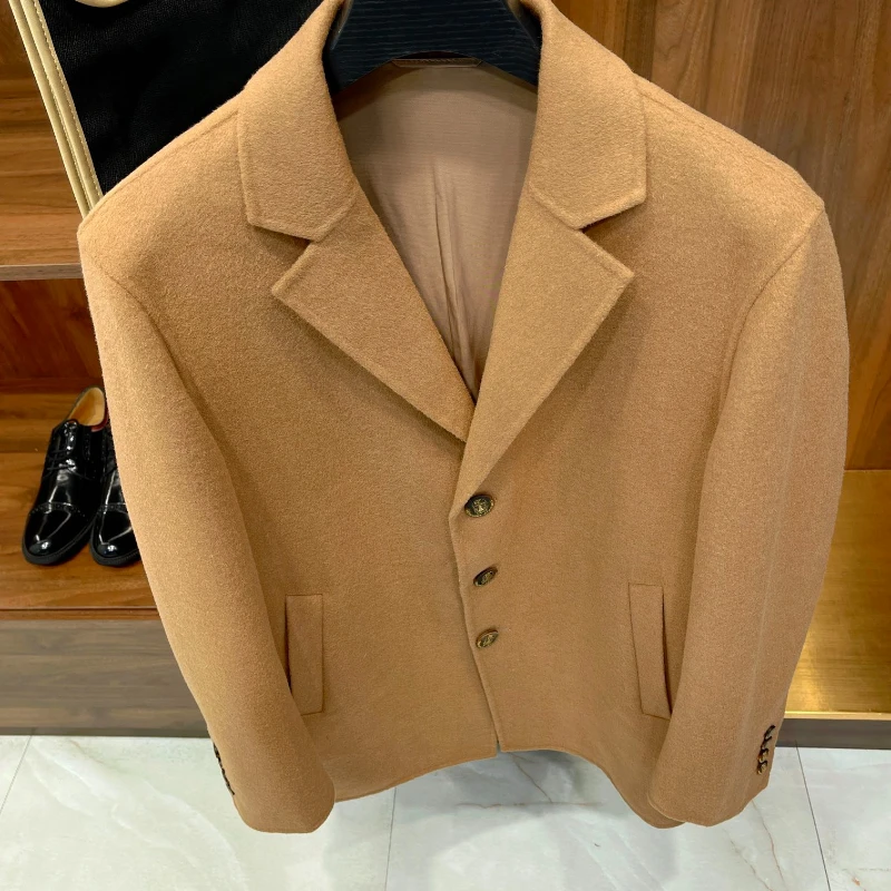 24AW Golden Cowl Button Generous Flat Bartered Collar Mid-Length Cashmere Reversible Coat Blazers for Man Men's Jackets