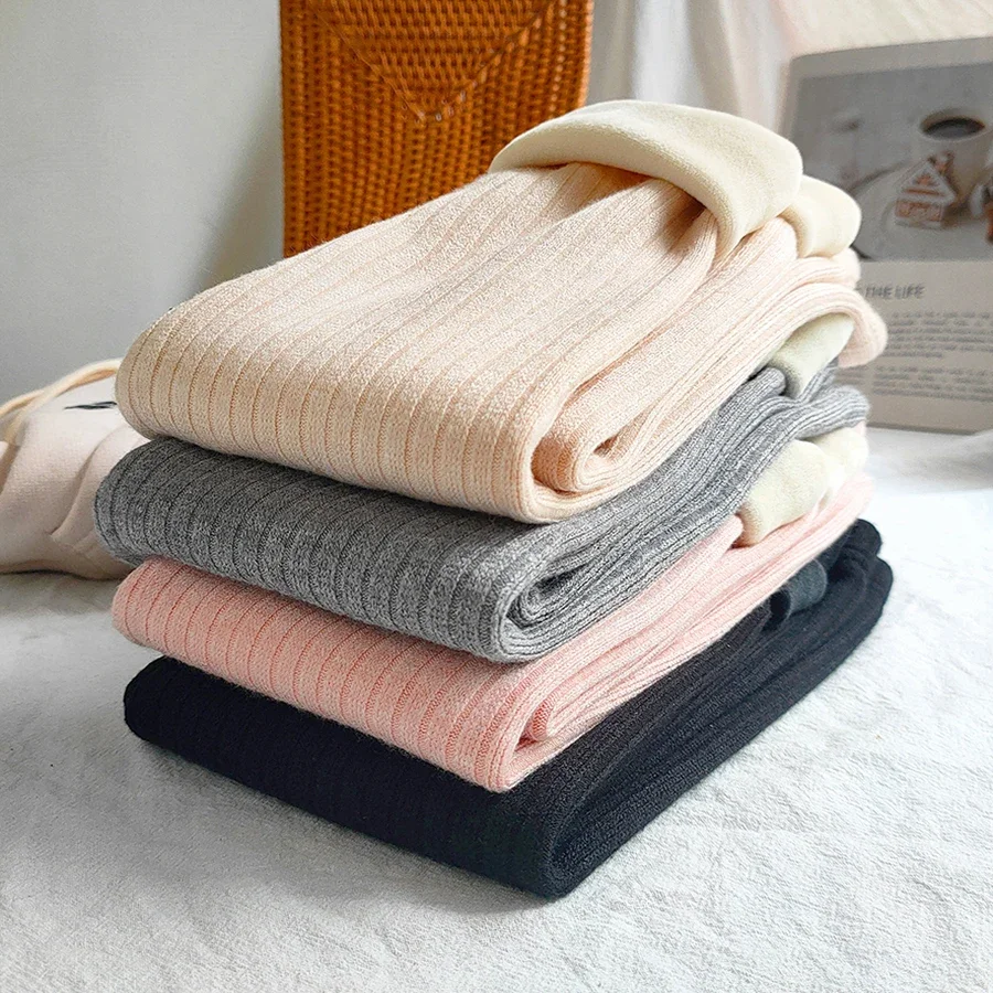 Children's Pants Thickened Cashmere Warm Pants Versatile For Autumn And Winter Girls' Pit stripe Knitted Pants  Tight Pants