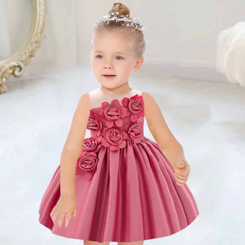 Baby Girl First Birthday Party Dress 12 Month Newborn Kids Rose Flower Tulle Tutu Clothes Infant Pageant Princess Costume