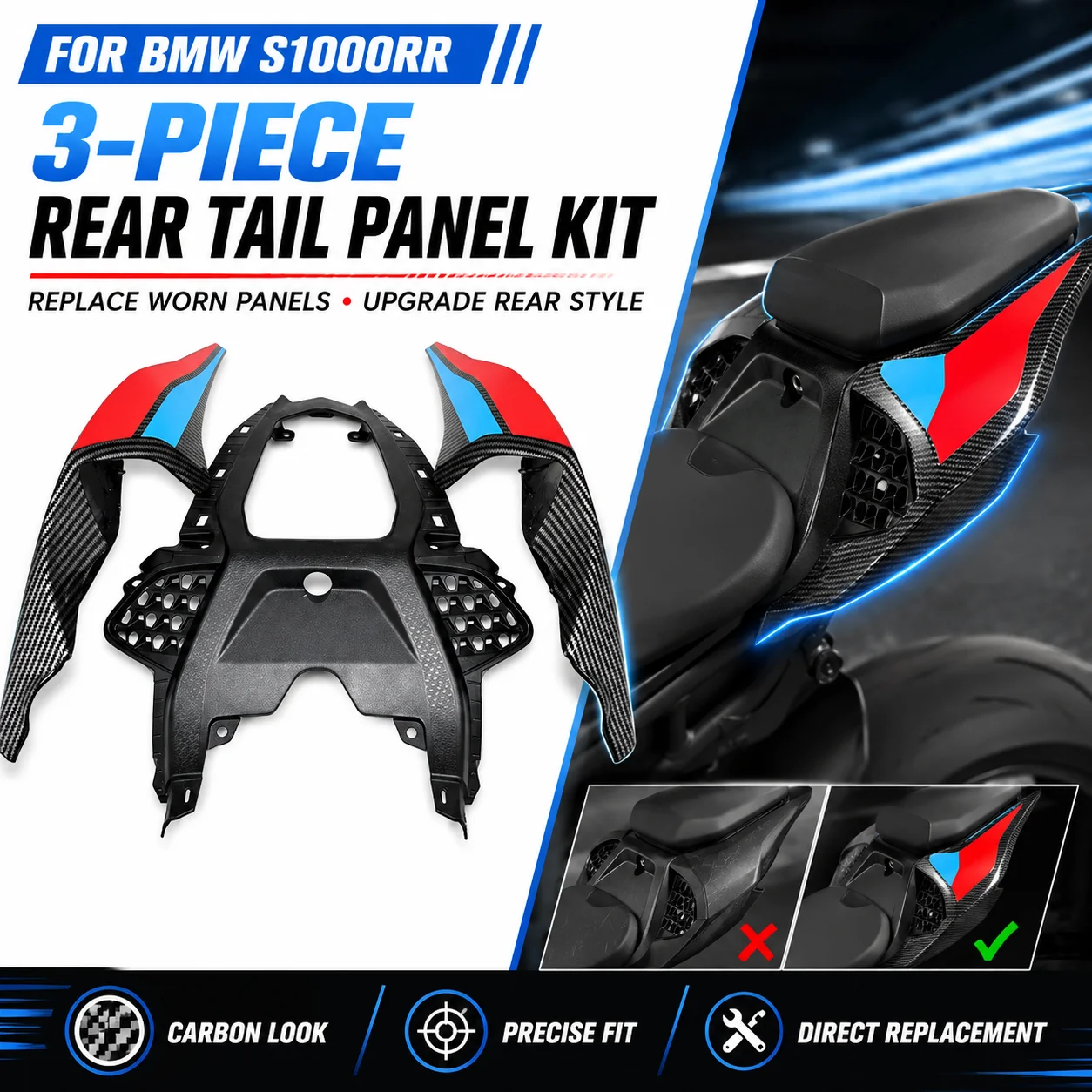 For BMW S1000RR 2019-2024 Motorcy Carbon Fiber Look Rear Tail Side Fairing Seat Panel Cover Body Trim Accessories Bodywork Parts