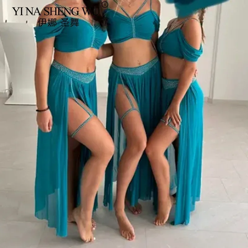 Women Oriental Belly Dance Performance Costume 2 Piece Set Sexy Mesh Short Sleeve Top With Split Long Skirt Red Stage Outfit