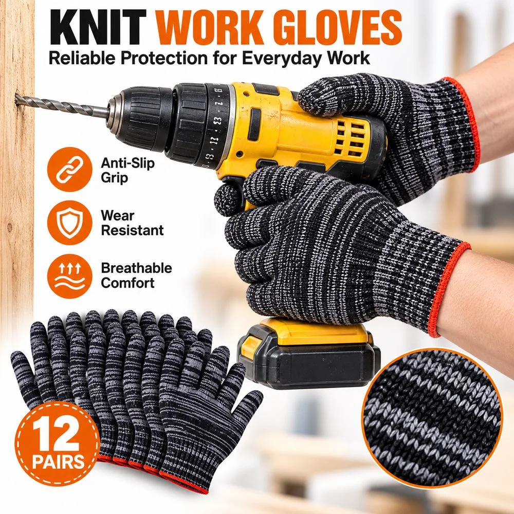 12Pairs Thickened Knit Work Gloves Wear-Resistant Breathable Protective Hand Gloves Lightweight Anti-Slip Cotton Work Gloves