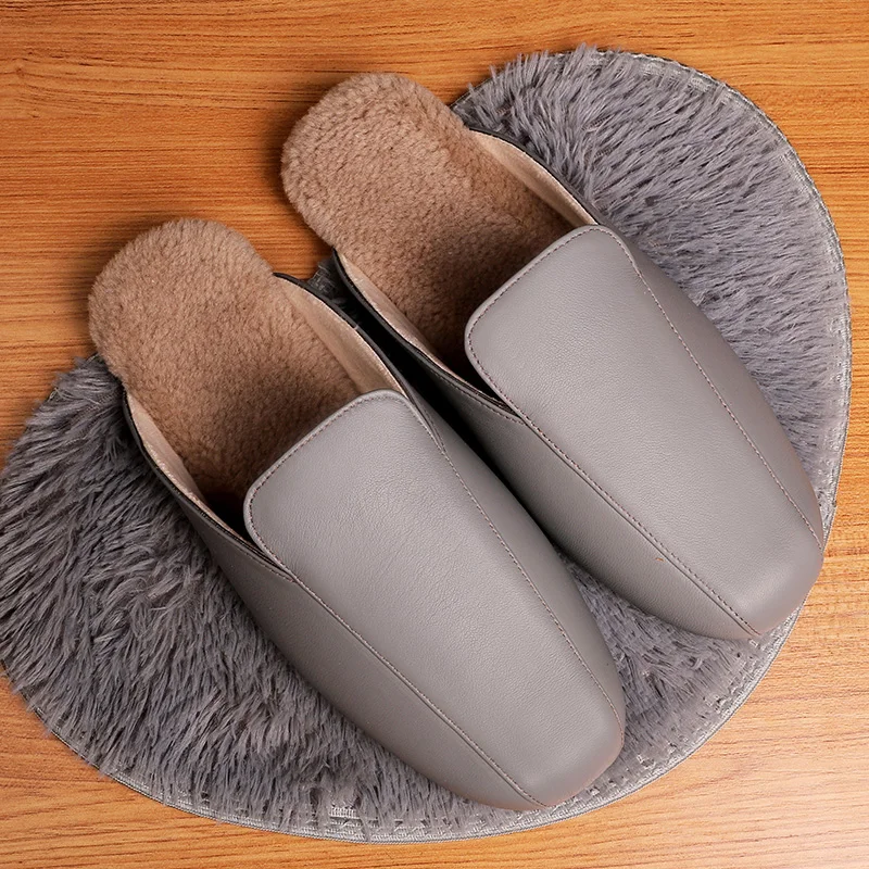 Couple's Genuine Leather Winter Indoor Slippers Warm Soft Anti Slip Household Slippers for Men/Women Sheepskin Home Casual Shoes