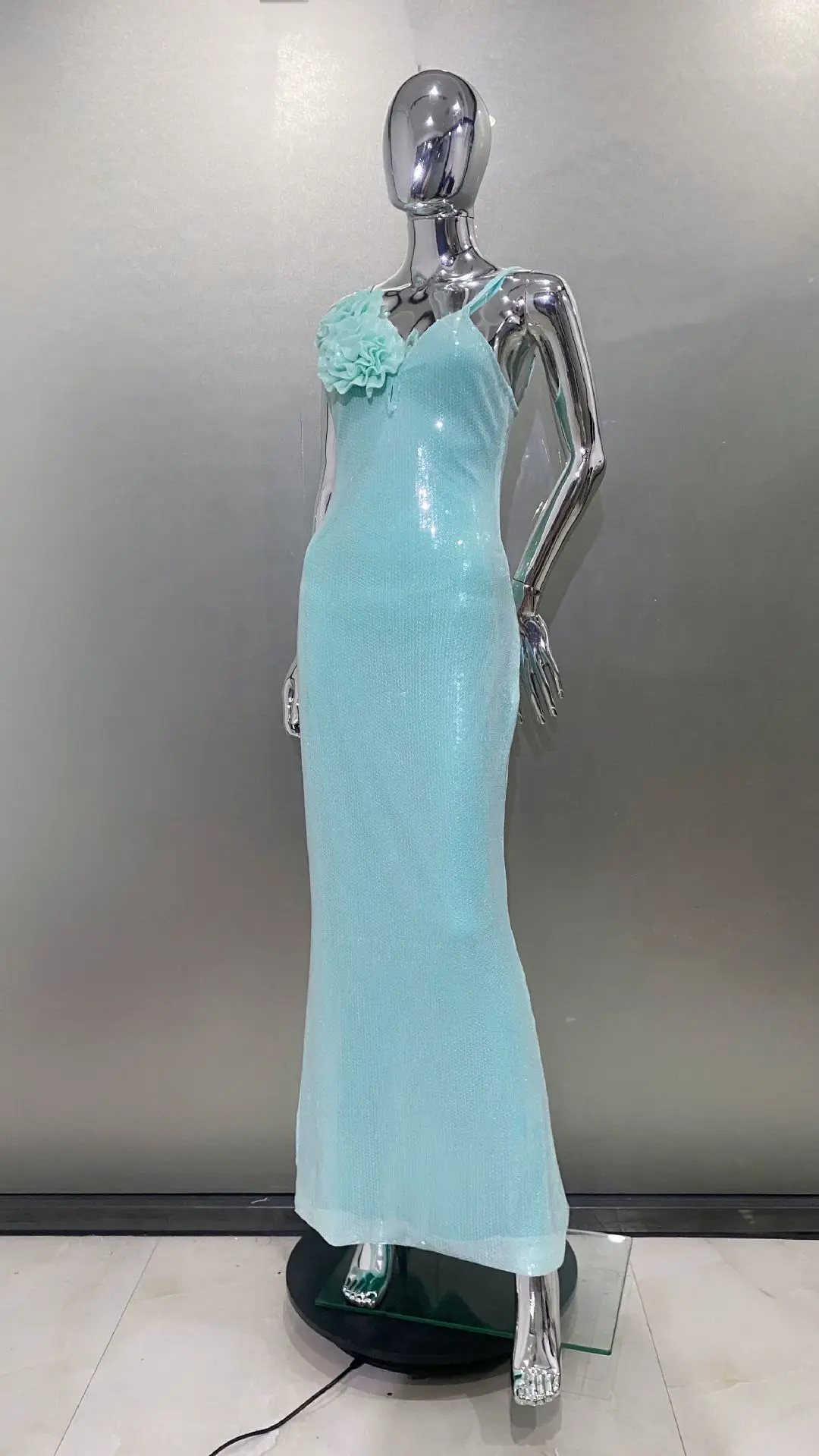 Sparkling Sequin Dress, Deep V-neck Backless Long Skirt, Split Camisole Skirt, Knitted Big Flower Dress