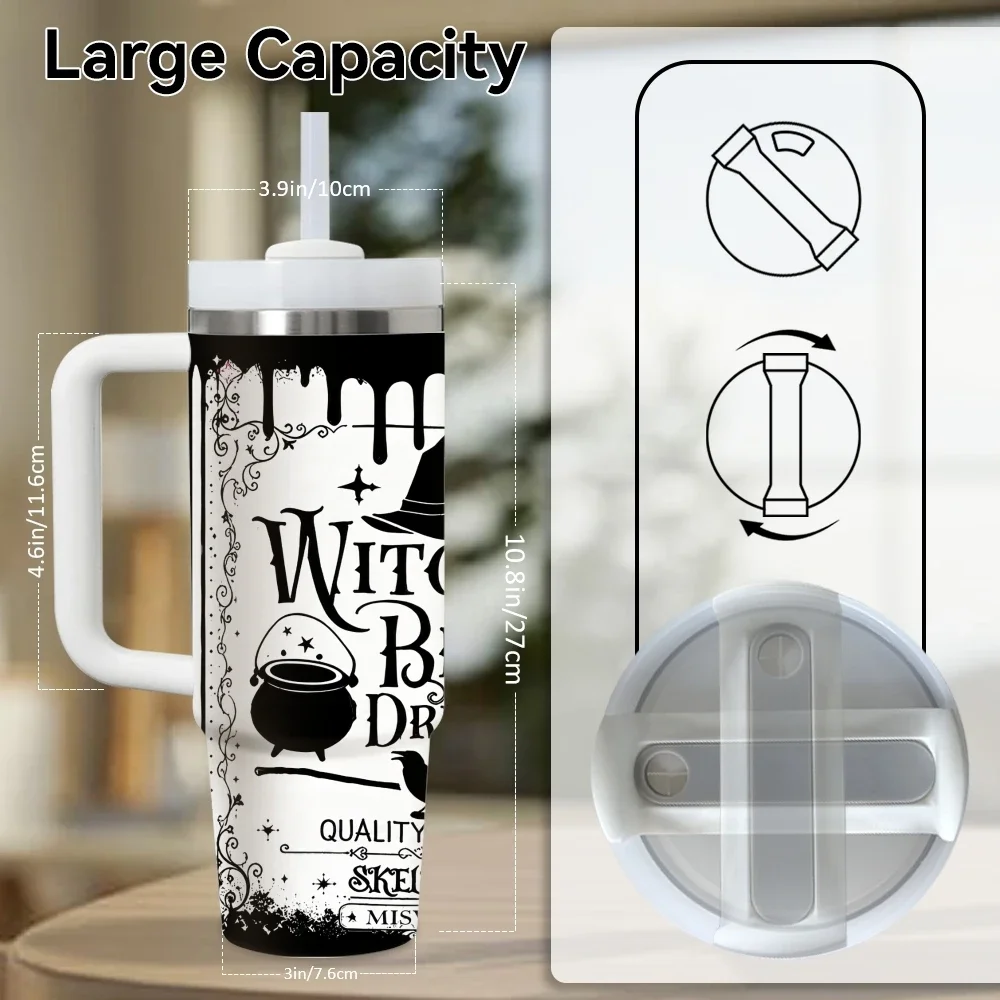 Witch Themed Vacuum Flasks 40oz Thermal Stainless Steel Tumbler with Handle Straw Leakproof Mugorders for other colors will be shipped randomly in black or white