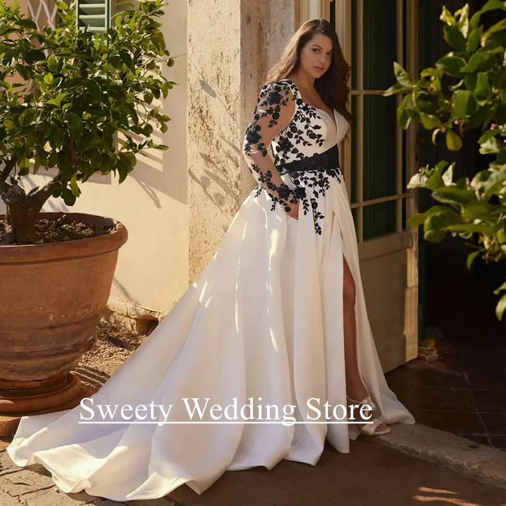 Wunderschönes Brautkleid in Übergröße mit schwarzer Applikation, maßgeschneidert, V-Ausschnitt, lange Ärmel, Sweep-Zug, Vestidos de Novia-Brautkleid