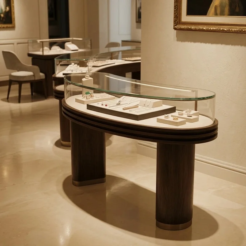 custom.Luxury Round Center Jewellery Display Counter Curved Glass Showcase With LED Lighting Solid Wood Leg Island Display C