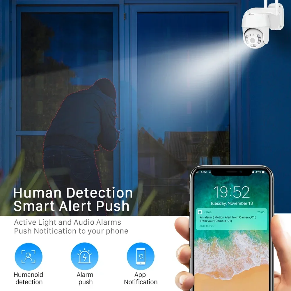 كاميرا PTZ WiFi تتبع تلقائي كاميرا IP الأمنية كشف الإنسان اللاسلكية في الهواء الطلق الأضواء اللون كاميرات المراقبة للرؤية الليلية