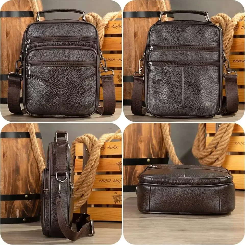 Bolso de mano pequeño de cuero genuino para hombre, bandolera de viaje fácil, bolso de mensajero de calidad Natural, color negro