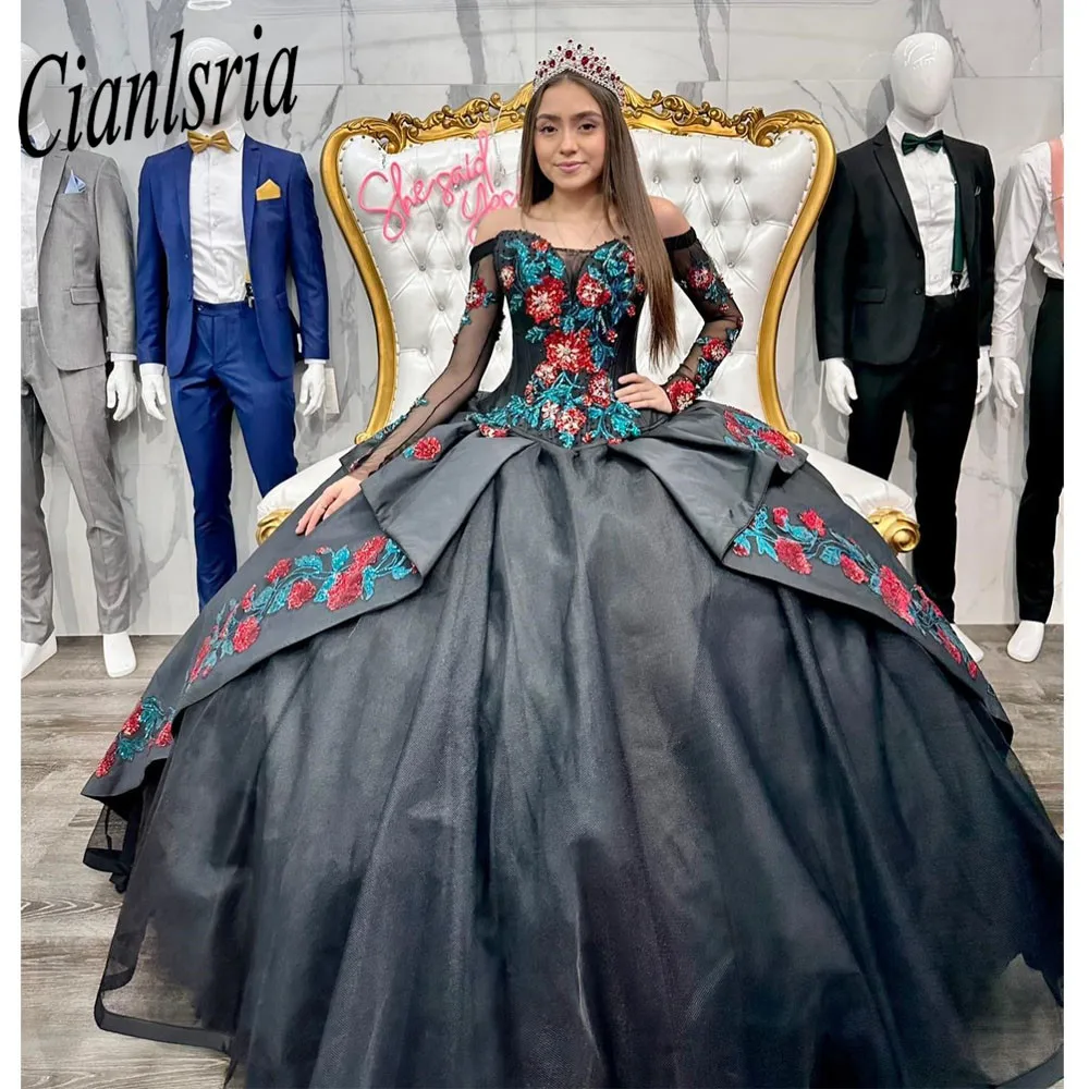 Black Off Shoulder Quinceanera Dresses Embroidery Long Sleeves  Sweet 16 Party Gowns lace up vestidos de quinceañera