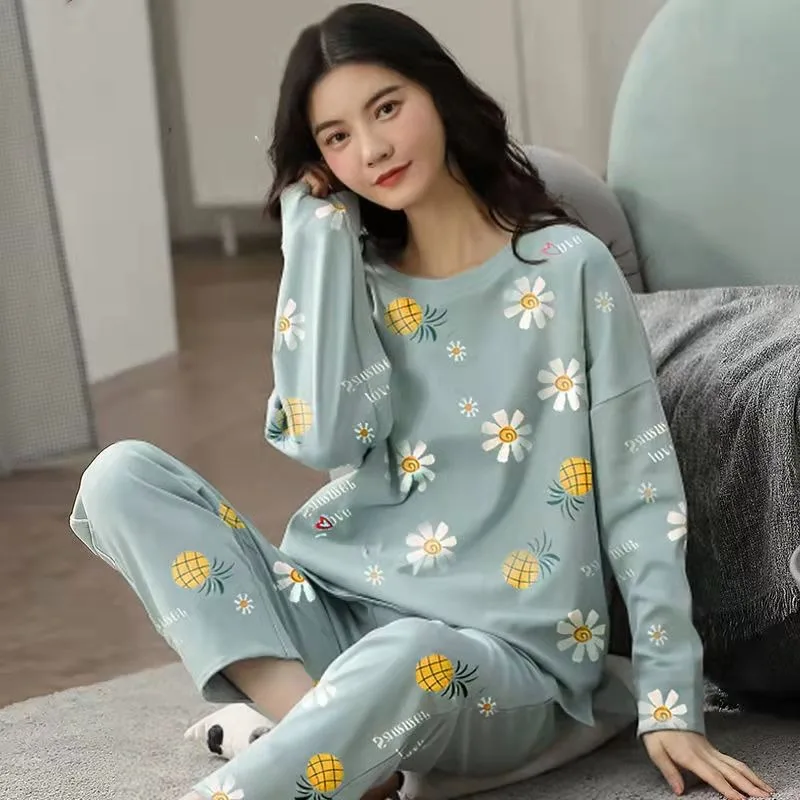 Spring Autumn Women Long Sleeve Plaid Sleepwear Simple Loose Casual Pajamas For Women Autumn Daily Female Soft Pijamas Women