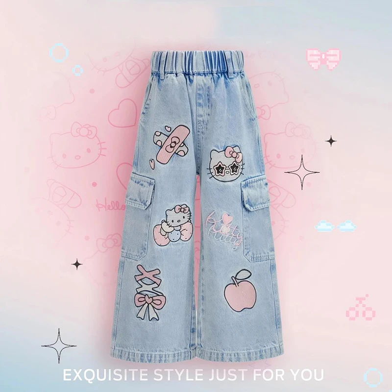 

Anime Kawaii Hello Kitty Girls Jeans Pants Kids Fashion Embroidery Bow Denim Casual Teen Elastic Waist Wide-Leg Pants Trousers