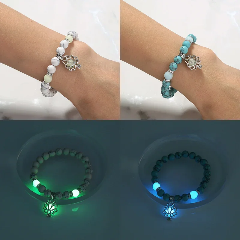 Glow In The Dark Beaded Bracelet For Women Hollow Flower Turtle Lava Stone Beads Elastic Chain Bangle Fashion Luminous Jewelry