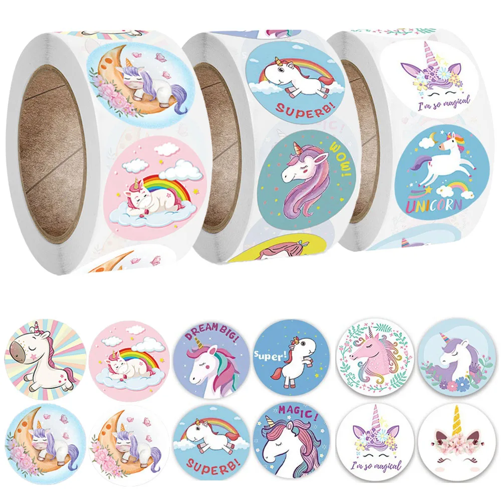 500Pcs/Roll Rainbow Unicorn Flying Horse Themed Stickers 2.5cm/1.0in Round Reward Sticker Gift Sealing Holiday Decorative Labels