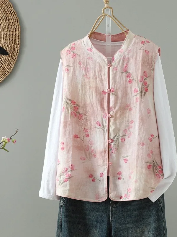 

Retro Print Double Layer Vest New Chinese Sle Stand Collar Women's Faionable Commute Regular Length Single Button Closure