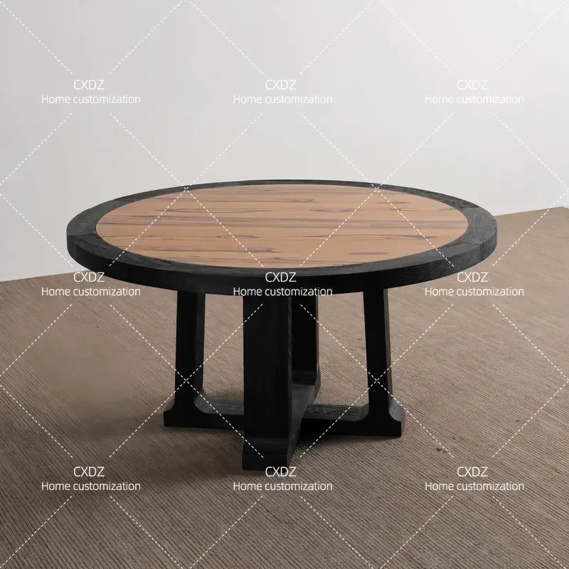Medieval Style Round Solid Wood Dining Table Black and White Sandalwood Open Pattern Retro Light Luxury for Hotel Bed and