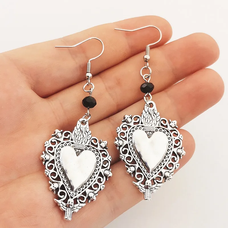 1pair Silver Plated Small Sacred Heart Cross Earrings DIY Retro Christian Jewelry Crafts For Mom's Gift Milagro Dangle