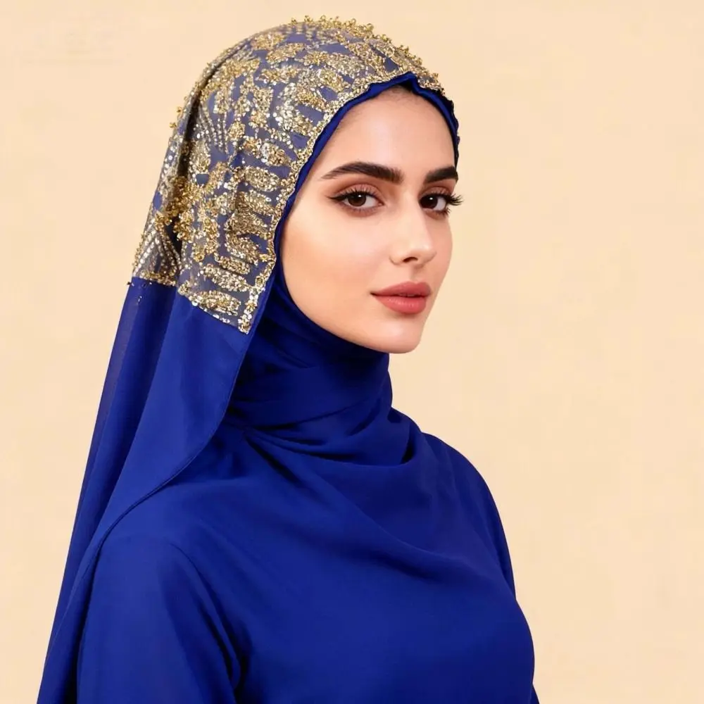 Luxury Beaded Lace Instant Hijab Rhinestone Collar Soft Chiffon Chiffon Headscarf Islamic Scarf For Women