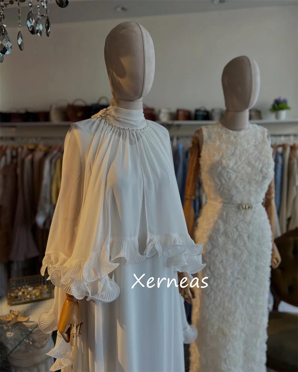 Customized Fashion Chiffon Ruched Pleat A-line High Collar Long Dresses Bespoke Occasion High Quality Pastrol