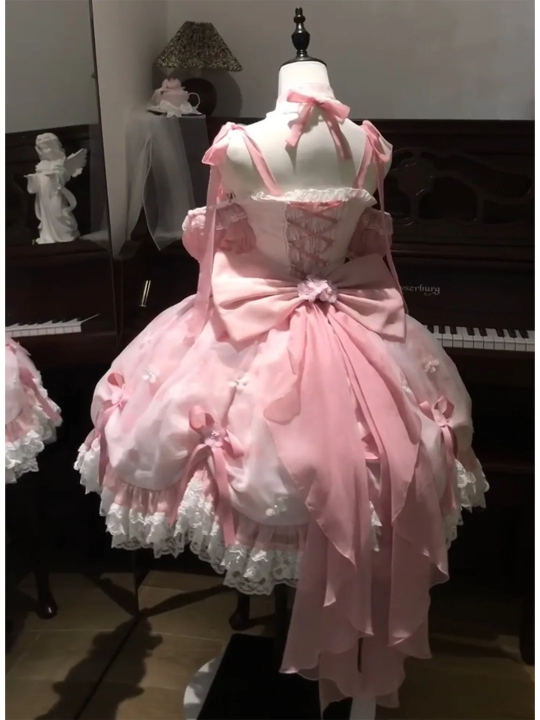 

Kawaii Pink White Bud Skirt Lolita JSK Evening Dress Sweet Bar Mitzvah Bow Princess Dress Bow Flower Embroidery Suspender Dress