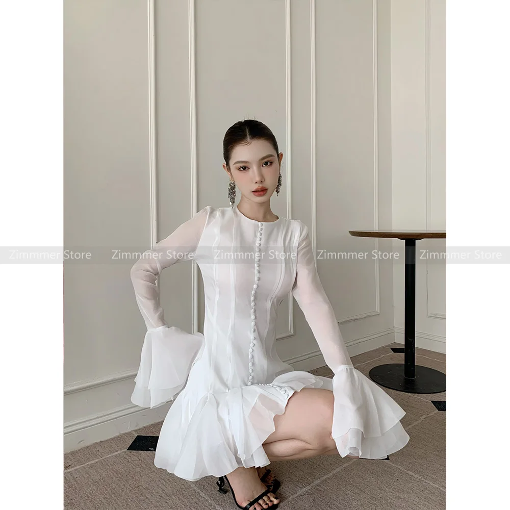 Vietnam niche design flared sleeves single-breasted waisted puffy skirt fairy wind temperament absolutely beautiful dresses