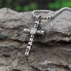 Punk Mens Cross Pendant Necklace,Silver Color Plain Cross Pendant Collar with Stainless Steel Box Chain,Exquisite Male Gift