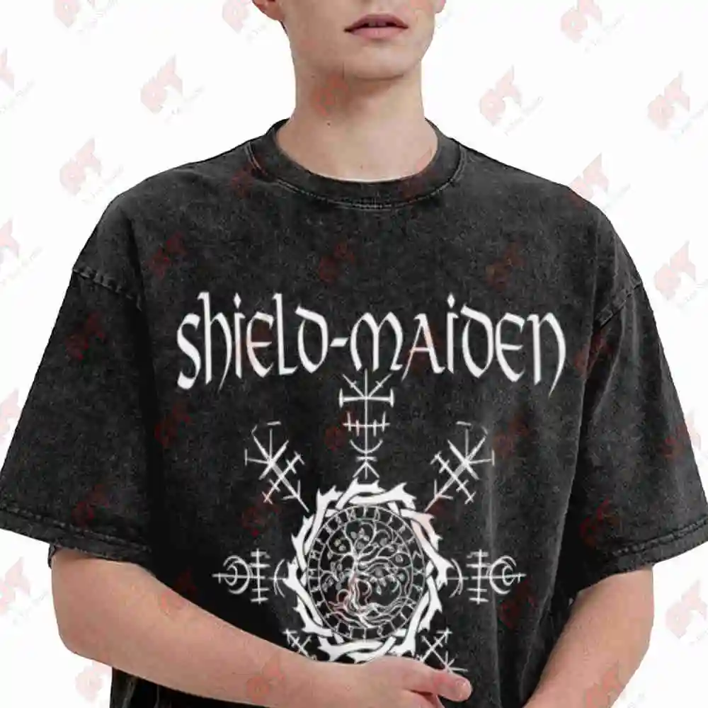 Schildmaiden Yggdrasil Und Runen Vintage Washed Tee Pure Cotton T-Shirt