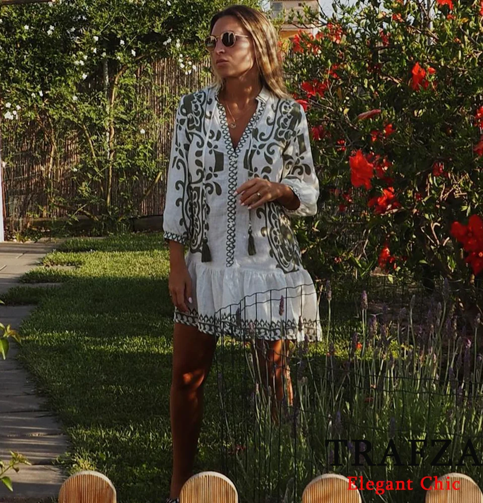 TRAFZA Casual Elegant Printed Fringed Dress Women\'s Loose Lace-Up Short Dress New 2024 Spring Summer Fasion Vacation Beach Dress