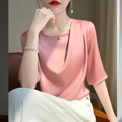 2024 Summer New Ice Silk Short-sleeved T-shirt Women's Thin Ice Silk Top Solid Color Satin Loose Short-sleeved Shirt