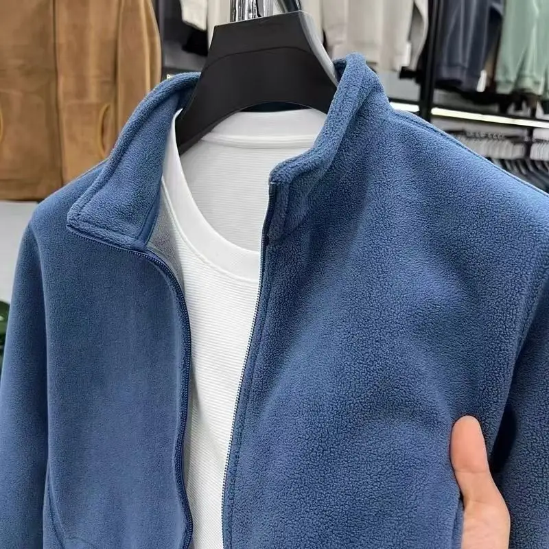 New Stand Collar Zipper Cardigan Jacket Autumn Winter Men Thickened Sweatshirt Warm Men\'s Polar Fleece Solid Color Jacket