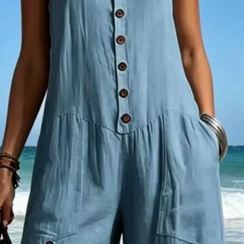 Dehnbarer Damen-Jumpsuit aus Polyester-Spandex, Ärmellos mit Rundhalsausschnitt, Lässiger Weitbein-Overall, Sommer-Lockerer Einteiler mit Taschen