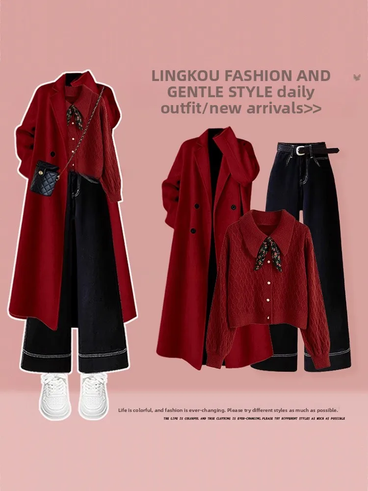 

Осенний комплект Faion, женский вязаный свитер, красная верхняя одежда с прямыми штанинами, джинсы, брюки с высокой талией, комплект из футболки для взрослых, сле