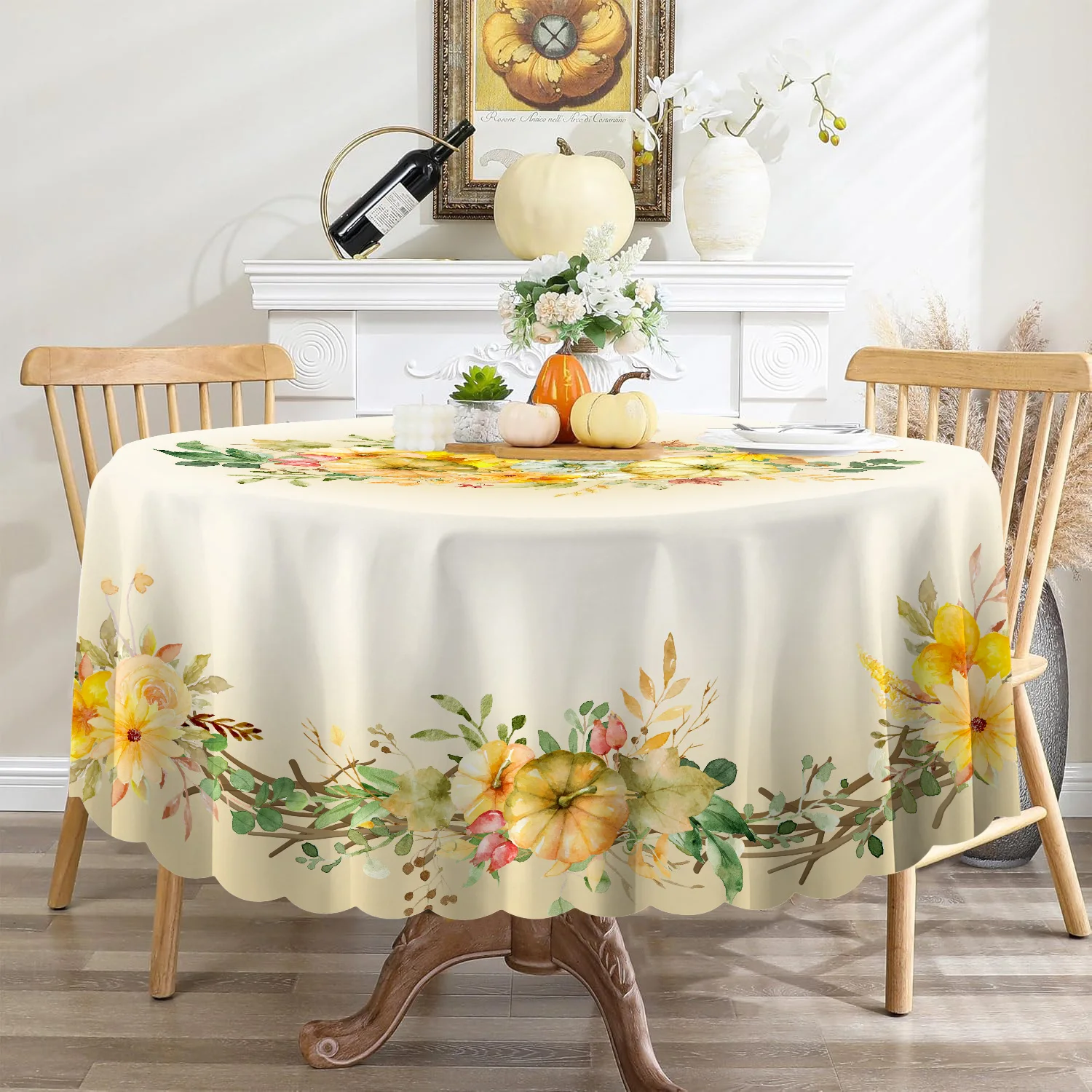 Round/Rectangle Fall Tablecloth Vintage Pumpkin Floral for Autumn Harvest Picnic Outdoor Home Holiday Long Dining Kitchen Decor