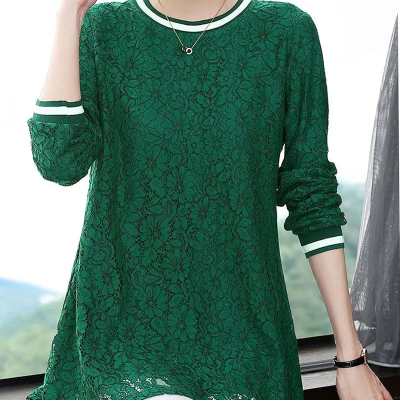 Casual Fashion Floral Lace Midi Shirt Elegant Hollow Out Spring Autumn Long Sleeve Spliced Female Clothing Basic O-Neck Blouse