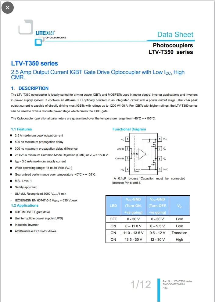 New original LTV-T350 LTV-T350S-TA1-EE SMD SOP8 IGBT gate drive optocoupler