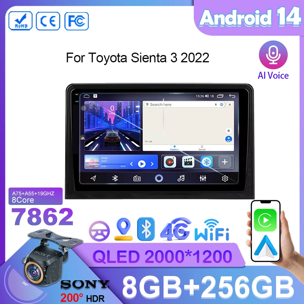 

7862 Android 14 Car Radio For Toyota Sienta 3 2022 Car Radio Multimedia Video Player Navigation GPS DVD 5G Wifi BT Head Unit DSP