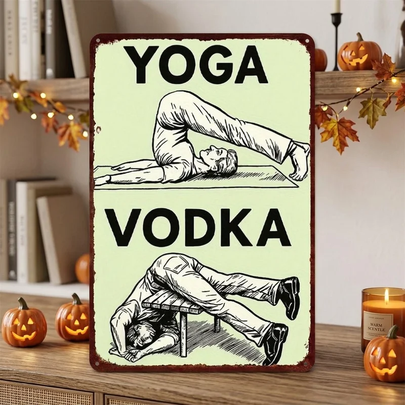 Yoga And Vodka Metal Wall Sign, 2D Printed Tin Plaque, Funny Vintage Gym Bar Home Wall Decor Gift