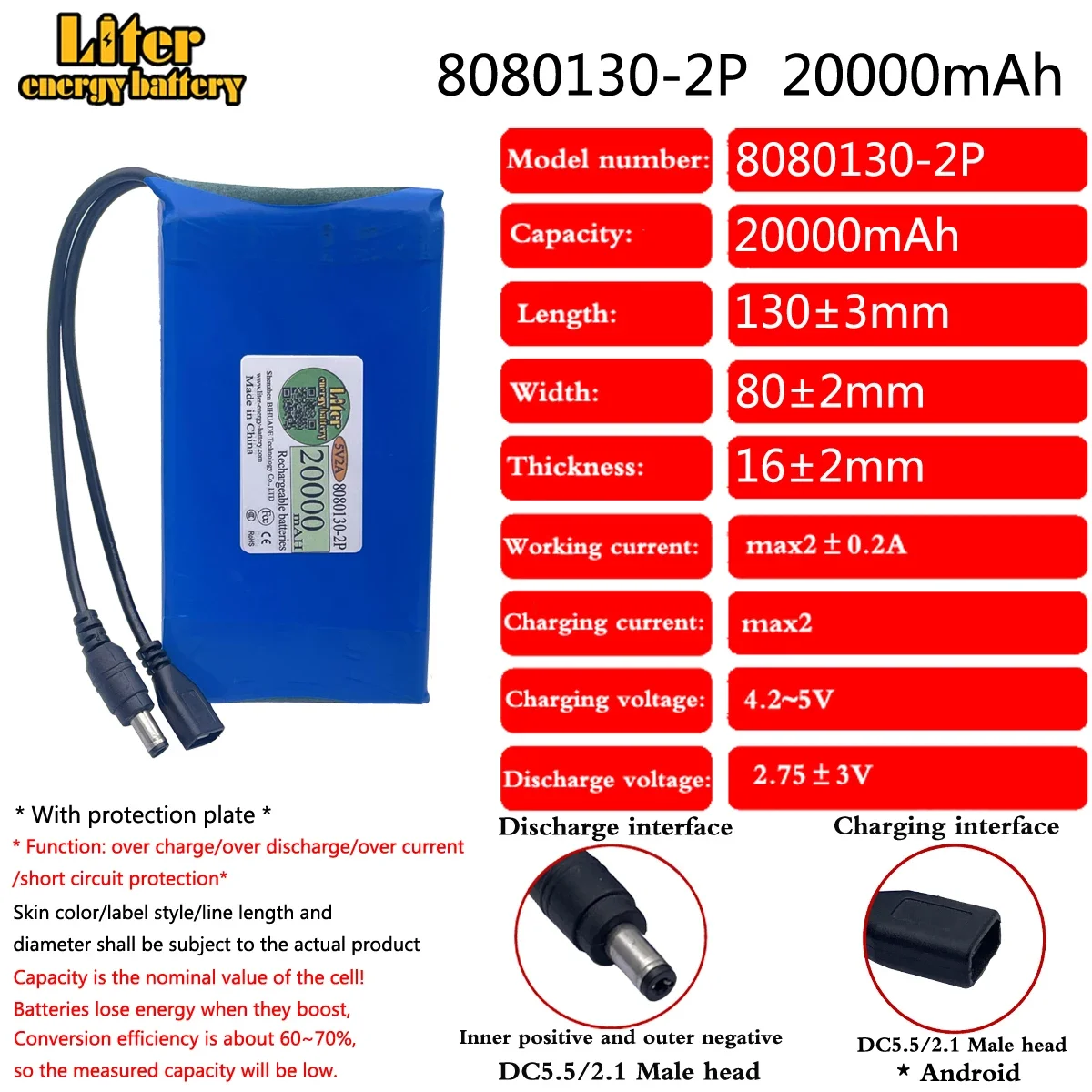 Lipo Battery 5V 2A 8080130-2P 20000mah Booster Battery Small Microcontroller Intelligent Lock LED Lamp Power Supply 4.8V