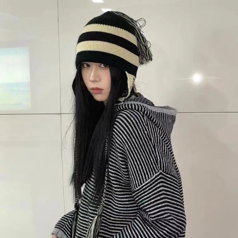 Anime Winter Long Tied Rope Beanies Cap Oosaki Shinichi Nana Outdoor Warm Winter Hat For Women Streetwear Party Funny Bonnet