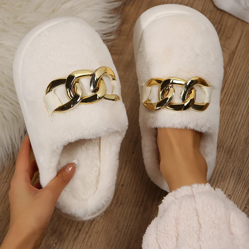 

Shinny Chain Deco Furry Slippers Women's Winter Cheap Soft House Fur Shoes Fluffy Slides Female Indoor Floor Mules Flip Flops