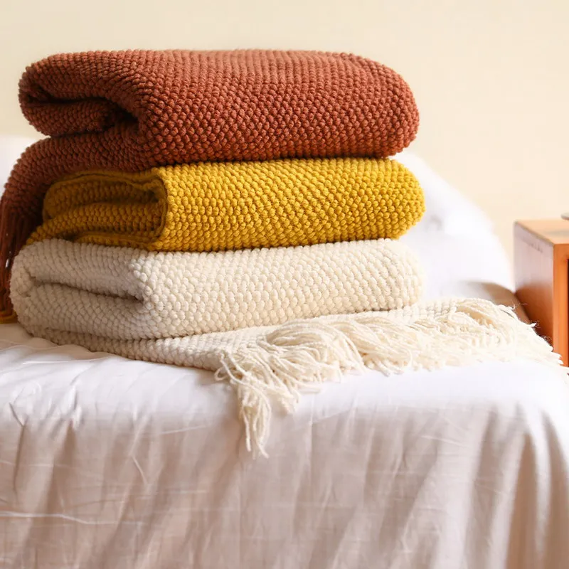Pineapple Grid Knitted Blanket Solid Color Fringe Decoration Blanket Cover Soft Bean Blankets For Office Nap Couch and Bed Xmas