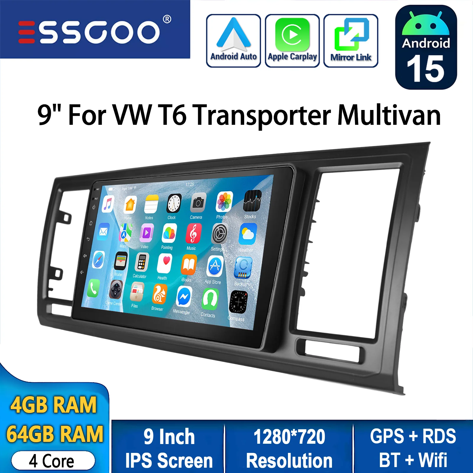 ESSGOO 9 inch 64GB Android 15 draadloze CarPlay autoradio voor VW T6 Transporter Multivan GPS navigatie WIFI BT RDS SWC Mirror Link