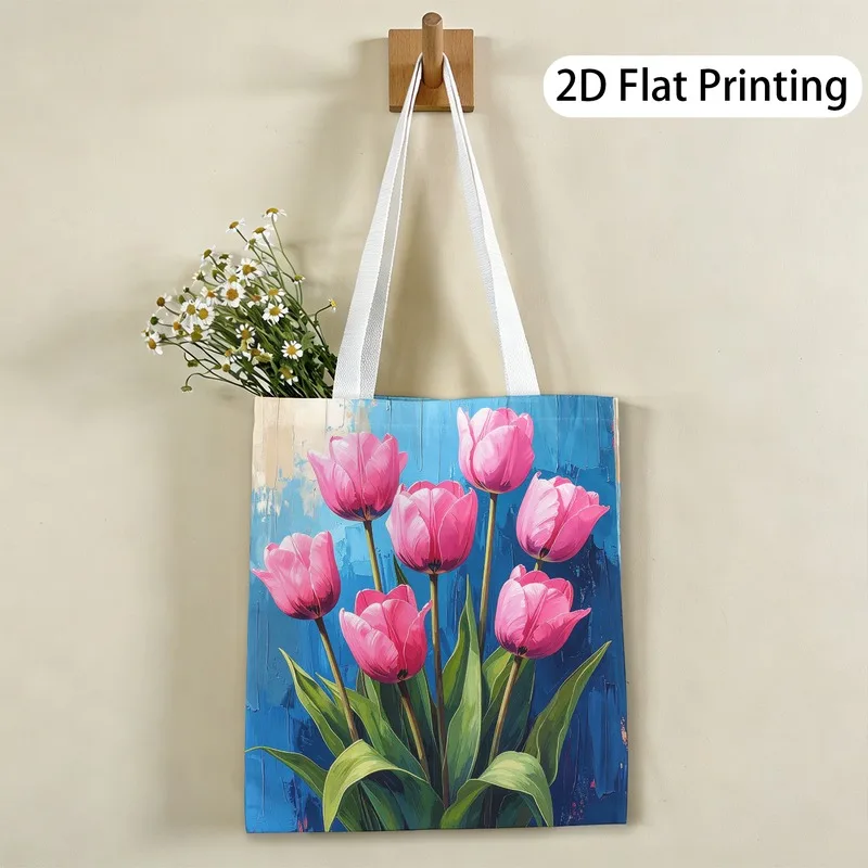 1pc Oil Painting Style Tulip Tote Bag,Shopping Bag,Suitable 