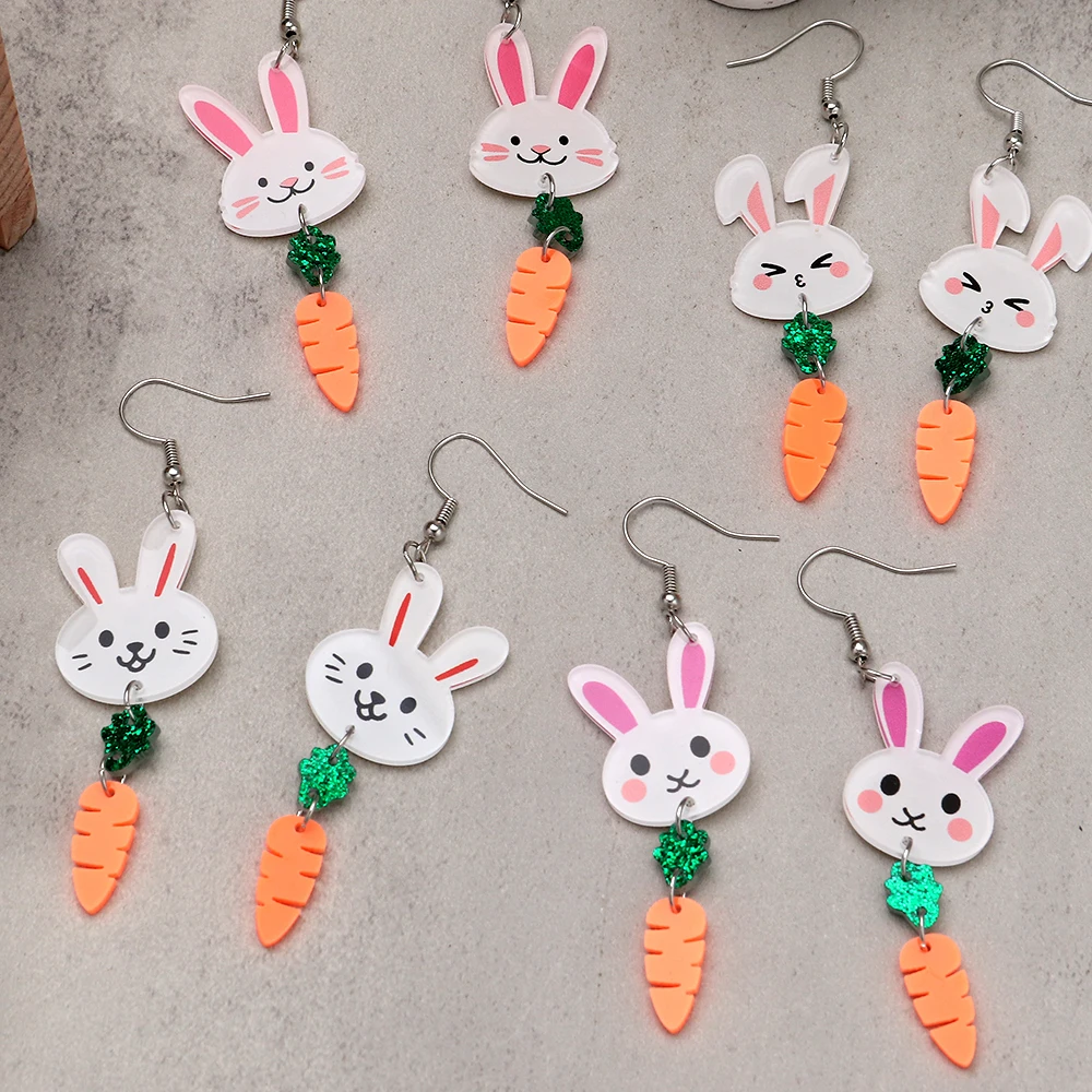 Cute White Rabbit Carrot Acrylic Long Earrings for Women Girls Lovely Cartoon Easter Bunny Drop Earring New Trendy Jewelry Gifts