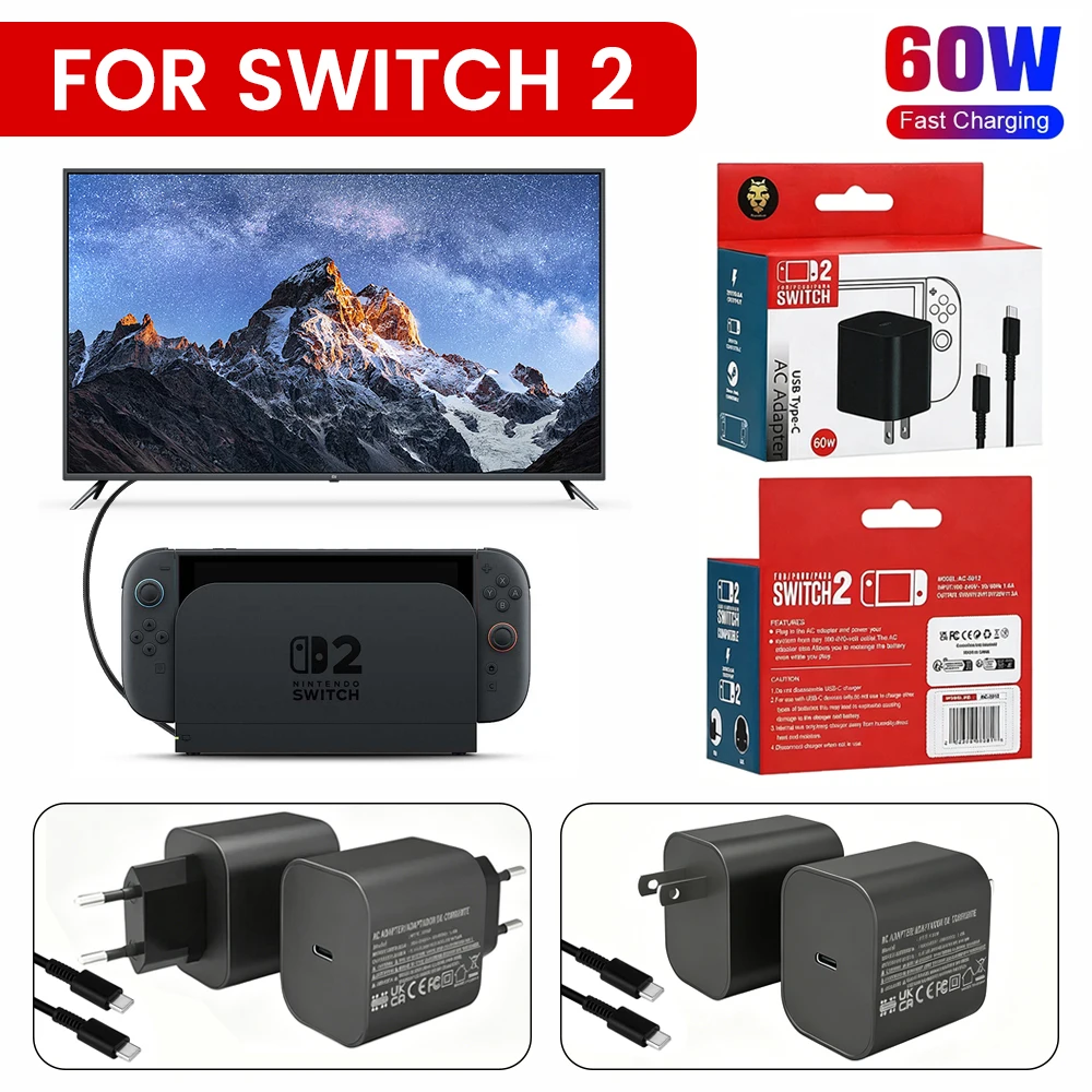 

Зарядное устройство 60 Вт (ЕС/США) для Nintendo Switch 2: быстрый адаптер питания Type-C USB, сетевой кабель-зарядка, аксессуар